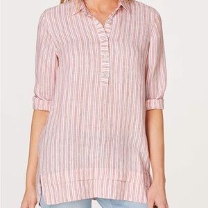J.Jill Love Linen 100% Linen Tangerine Striped Tunic Blouse Size M